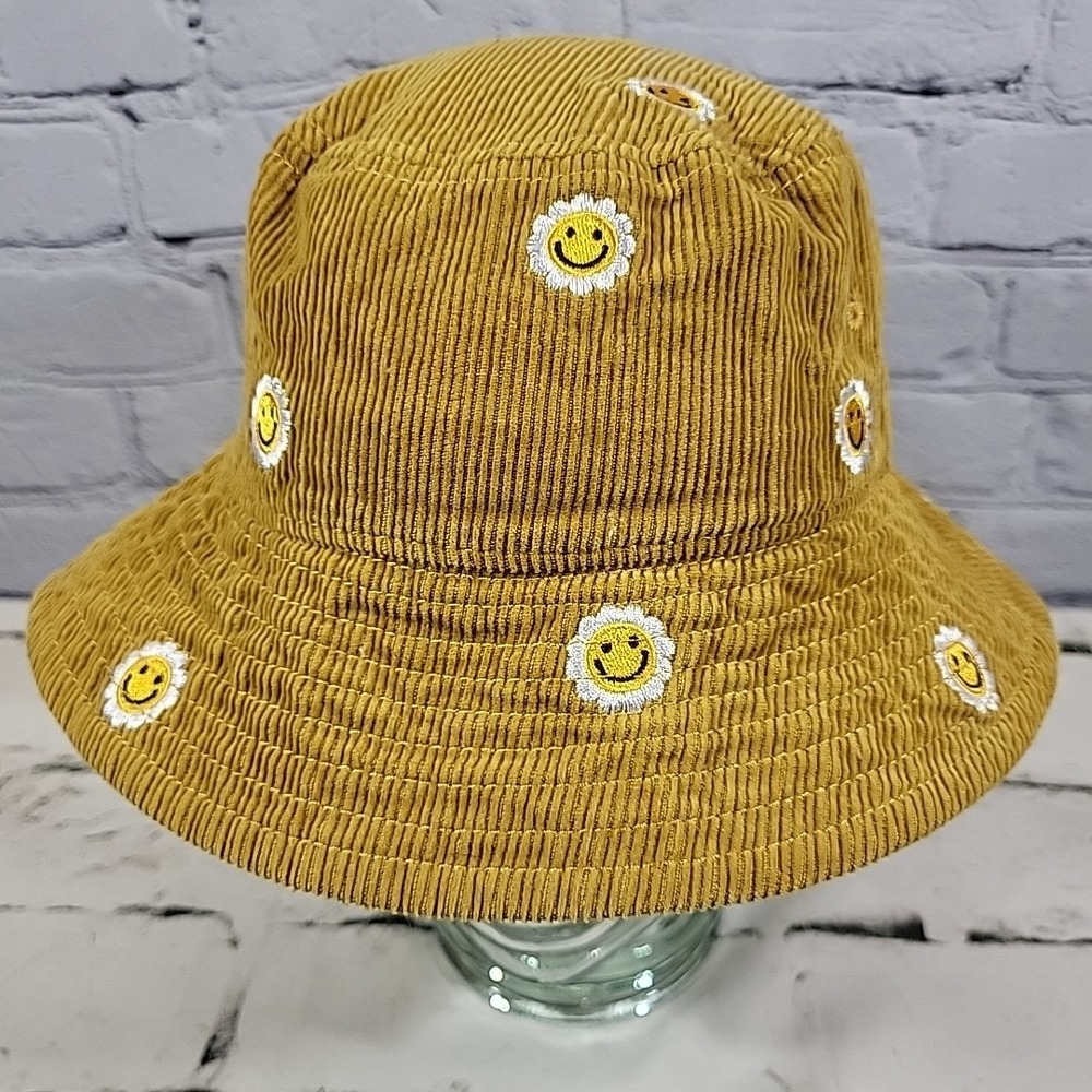 Mighty Fine Retro‎ Y2K Bucket Hat Corduroy Gold Smiley Daisy Hipster One Size